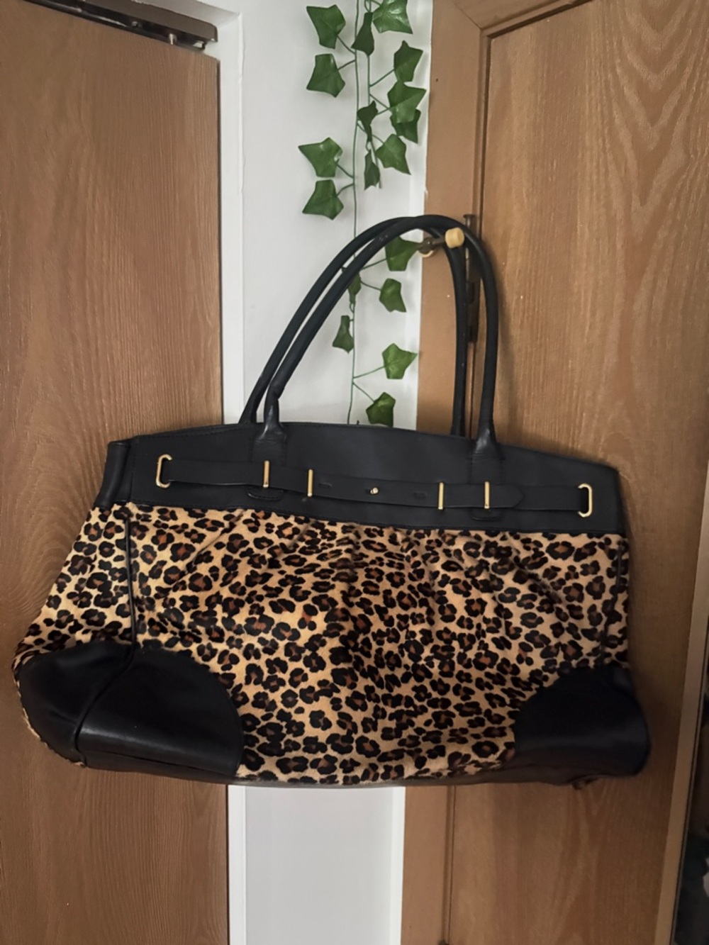 Ann Taylor Leopard Print Tote with Black Trim and Gold Accents